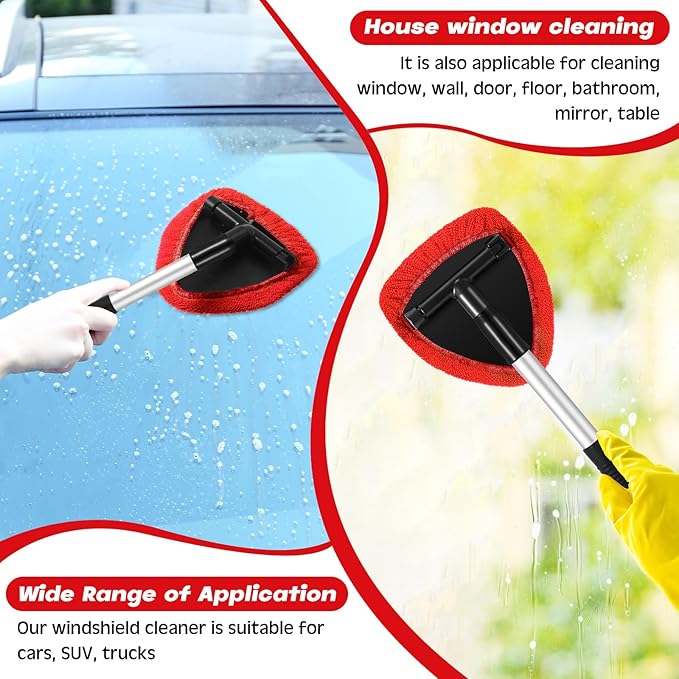 Potchen 8 Pcs Car Windshield Cleaner Tool Kit with Extendable Handle, Microfiber Towel Pads, Brush, Empty Spray Bottle for Auto Glass Wiper Suvs Rvs & Home Windows(Red)