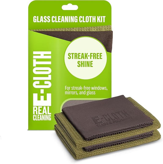 E-Cloth Microfiber Window Cleaning Cloth Kit - Glass Cleaning Cloth for Windows, Mirrors, Cars, Lenses, Eyeglasses, & More, Streak Free Clean, Machine Washable Reusable Towel - Dark Oak (2 Kits)