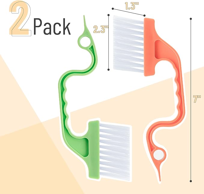 Slick- Window Track Cleaning Brush, 2 Pack, Orange/Green Ergonomic Handle, Built-in Scraper, Multipurpose, Window Track Cleaning Tools