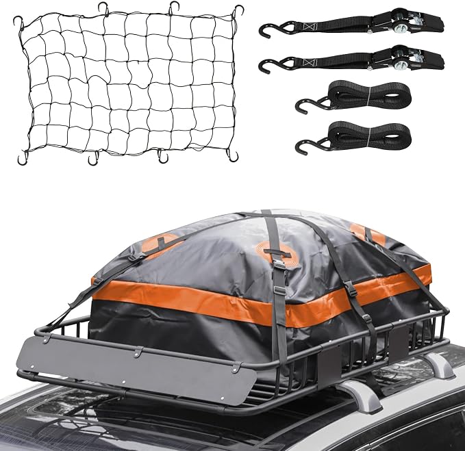 WEIZE 54" x 34" x 6" 200lb Heavy Duty Roof Rack Carrier Basket with Waterproof Bag, Cargo Net and Ratchet Straps, Univer