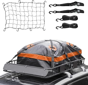 WEIZE 54" x 34" x 6" 200lb Heavy Duty Roof Rack Carrier Basket with Waterproof Bag, Cargo Net and Ratchet Straps, Univer