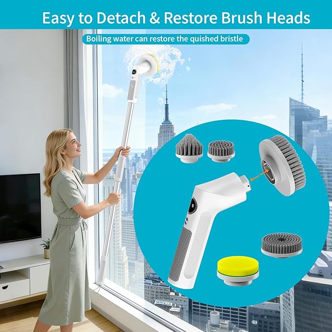 Electric Spin Scrubber, Cordless 20W High-Torque Cleaning Brush Bathroom Scrubber, IPX7 Waterproof Electric Scrubber with 6 Brush Heads, Extendable Long Handle Power Scrubber for Bathtub Floor