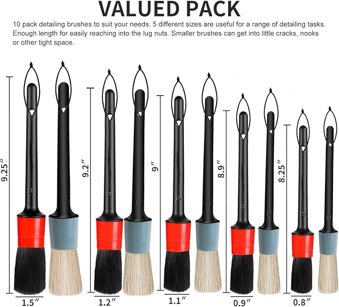 Detailing Brush Set - 10 Pcs Detail Brushes Car Detailing, Auto Boar Hair Car Detail Brush for Cleaning Car Interior Exterior, Vehicles Wheels Leather Engine Dashboard