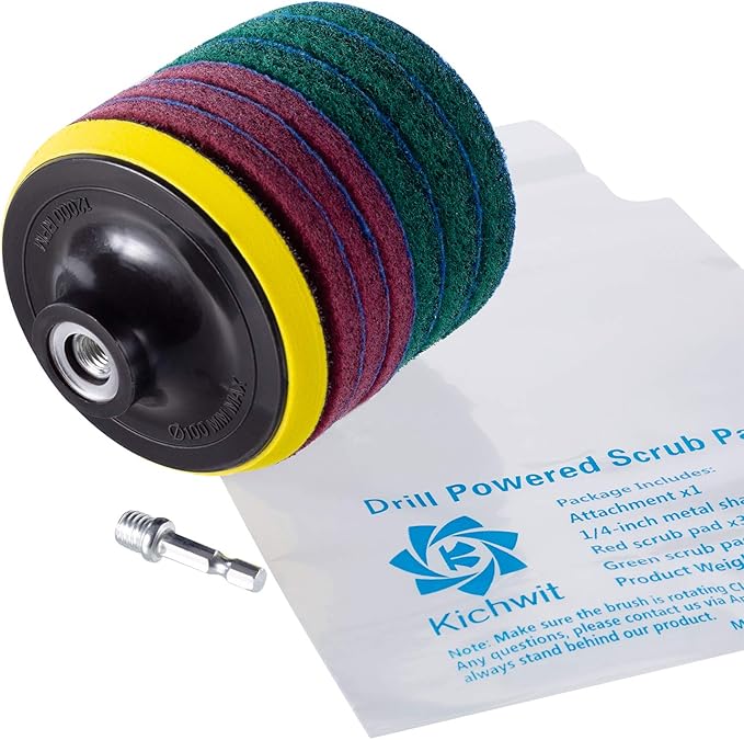 Kichwit 4 Inch Drill Power Brush Tile Scrubber Scouring Pads Cleaning Kit, Includes Attachment, Heavy Duty Household Cleaning Tool (Drill NOT Included)