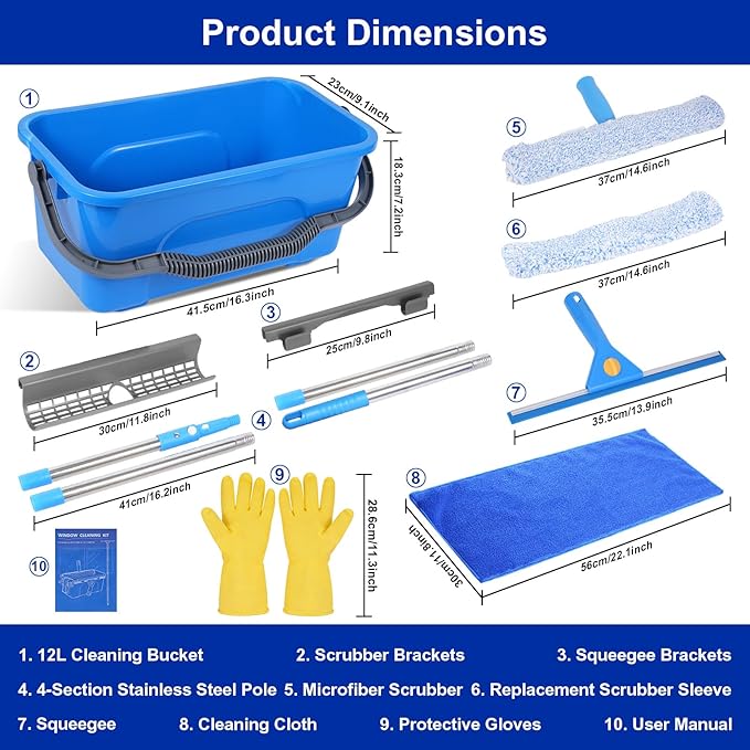 Professional Window Cleaning Kit, Window Washing Kit with 3 Gallon Bucket, 14-Inch Squeegee & 15-Inch Scrubber, 61-Inch Extendable Pole, Window Cleaning Equipment for Home & Commercial (61 inch)