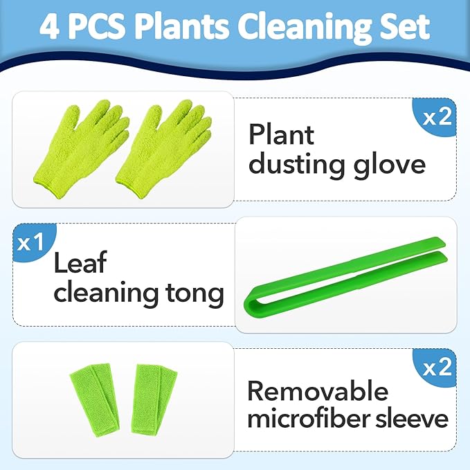 4 PCS Plants Cleaning Set, Include 2 PCS Microfiber Gloves for Plant Dusting, 1 PCS Leaf Cleaner Tong with 2 PCS Separate Cloth Covers Reusable Microfiber Sleeves and Gloves Plants Cleaning Set