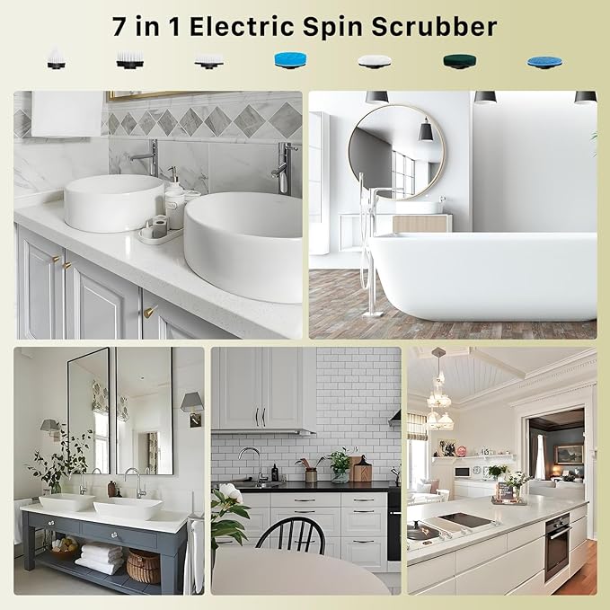 Electric Spin Scrubber, Hillyfe Bath Scrubber for Cleaning with 7 Replaceable Brush Heads, IPX7 Waterproof,300/400 RPM, 3 Adjustable Size,Cordless Shower Cleaner Brush for Bathroom Floor,Beige