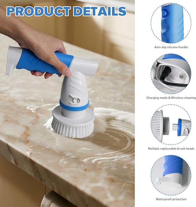 Electric Spin Handle for Scrub Daddy/Mommy Sponges with 6 Replacement Brush Heads, Power Scrubber Electric Cleaning Wand Brush for Sink/Window/Tub/Tile/Floor,Waterproof, Cordless and Rechargeable