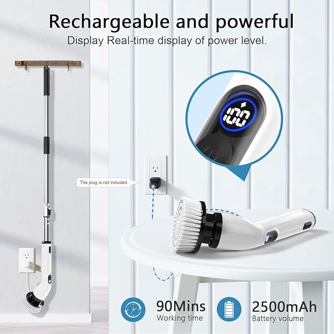 TUYU Electric Spin Scrubber, Full-Body IPX7 Waterproof Bathroom Scrubber with Power LCD Display, 8 Replacement Head, Adjustable Extension Handle, Cordless Shower Cleaner Brush for Bathtub Cleaning