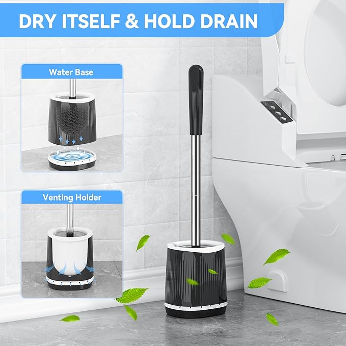 TRENTI Toilet Brush, Toilet Brush and Holder Set, Bristles Toilet Bowl Brush Head with Ventilated Holder, Wall Mounted Compact Toilet Brush Set for Bathroom Deep Cleaning (1, Black)