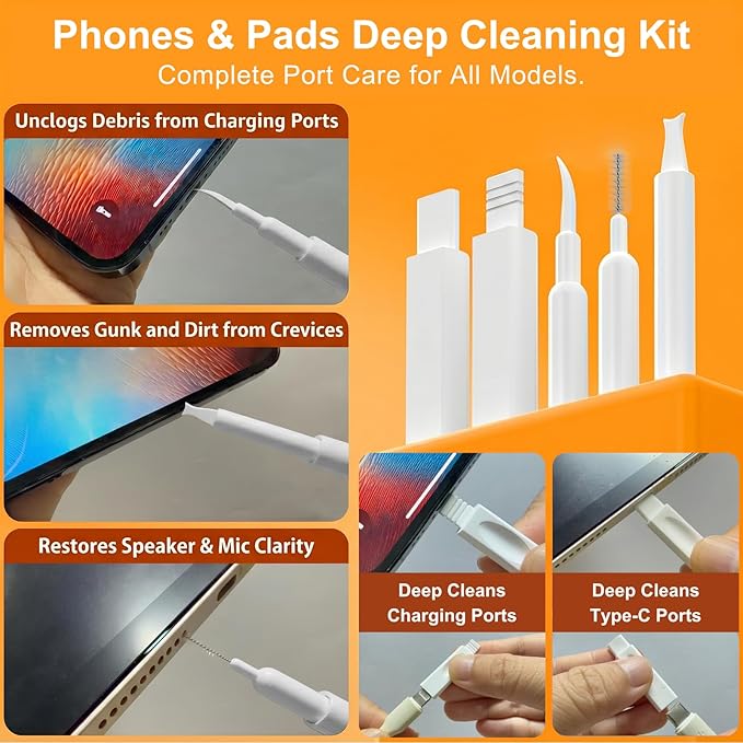 Phone and Keyboard Cleaning Kit by JM.JEEMI, Professional Electronics Cleaner with Charging Port Cleaner & Keycap Puller, Cleaning Tool Set for Laptop, Earbuds, Camera and PC Monitor, White