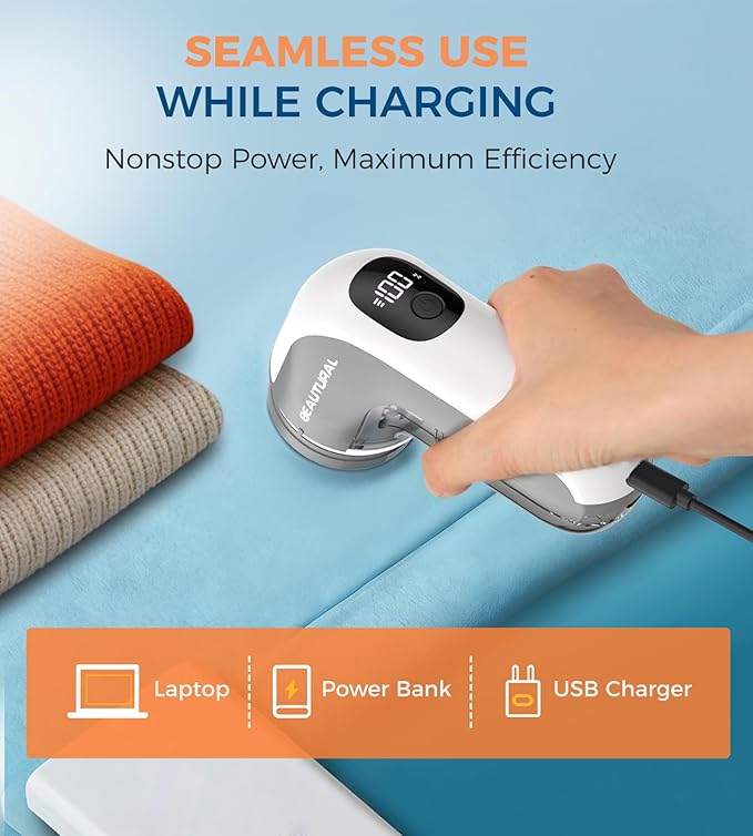 BEAUTURAL Fabric Shaver, Rechargeable Lint Remover, Electric Portable Sweater Defuzzer with 3 Speeds, 6 Leaf Blades, Digital LED Display, Remove Pilling for Clothes, Furniture, Sweater, Couch, Blanket