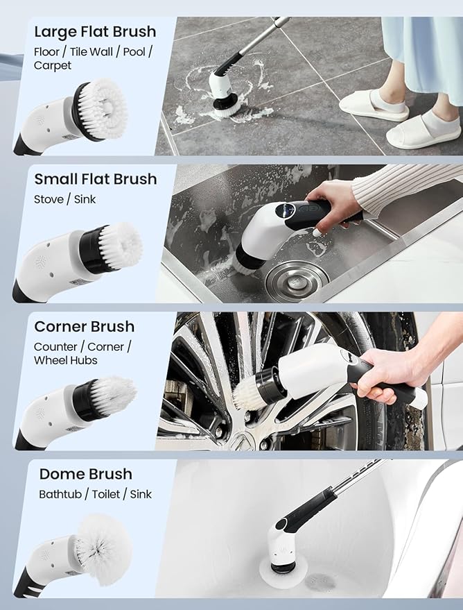 KEIMI Electric Spin Scrubber, Cordless Shower Cleaning Brush with 8 Replaceable Brush Heads, 3 Speeds, Extension Handle, Digital Display, IPX7 Power Scrubber for Bathroom, Tub, Tile and Floor