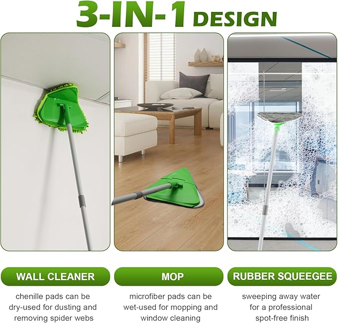 Wall Cleaner Triangle Mop with 82'' Long Handle - Wall Scrubber, Cleaning Washer Tool with 4 Microfiber Chenille Duster Pads for Clean Walls, Ceiling, Windows, Baseboards, Floors (Green, 4 Pads)