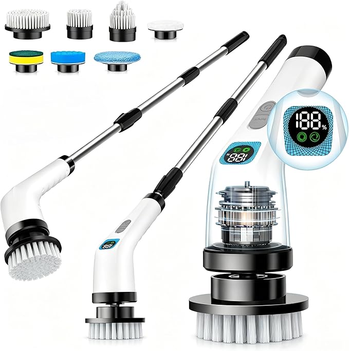 Electric Spin Scrubber for Cleaning Bathroom - Cordless Power Scrubber with 7 Brushes Heads - Shower Cleaner Brush with Long Handle, IPX7 Waterproof Scrub Brush for Bath Tub Tile Grout Glass Tool