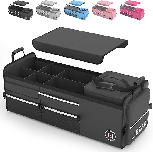 LIBZAKI Oversize 4 in 1 Car Trunk Storage Organizer, Multi Compartment Collapsible Trunk Storage Box with Cooler Bag for