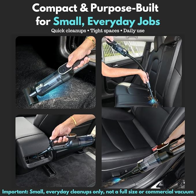 Car Vacuum Portable Cordless, 4-in-1 Mini Car Vacuum with 19500pa Suction & Air Duster, USB-C Charging, Smart Digital Display, Handheld Vacuum with LED Light, Multi Nozzles for Car, Home, Office, Pet