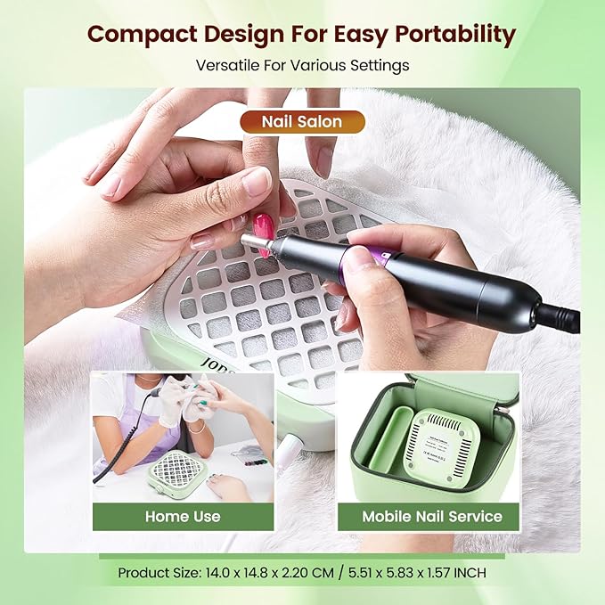JODSONE Mini Nail Dust Collector PocketSized 6000RPM Powerful Suction Portable Nail Salon with 30 Filters Green