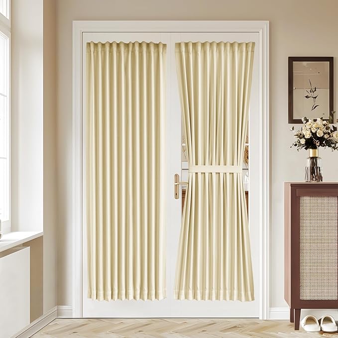 Vatge French Door Curtains - 36W x 72L Front Door Curtain Panel, Rodless Installation Door Window Curtains for Doorways, 1 Panel, W36 x L72, Light Beige