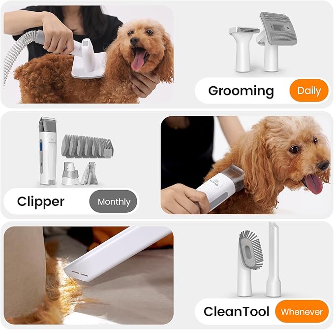 oneisall Dog Grooming Vacuum, Pet Grooming Vacuum with Clipper Nail Grinder, 1.5L Dust Cup Dog deshedding Vacuum Brush with 7 Tools for Shedding Pet Hair, Home Cleaning (Grey)