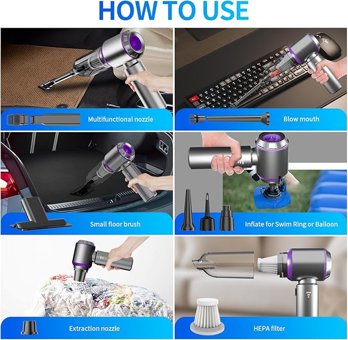 20000Pa Car Vacuum Cleaner High Power, Cordless Mini Vacuum Air Duster for Car Detailing Kit, 4-in-1 Portable Handheld Vacuum with Brushless Motor, Aspiradora para Carro, Home Office Pet (Purple)