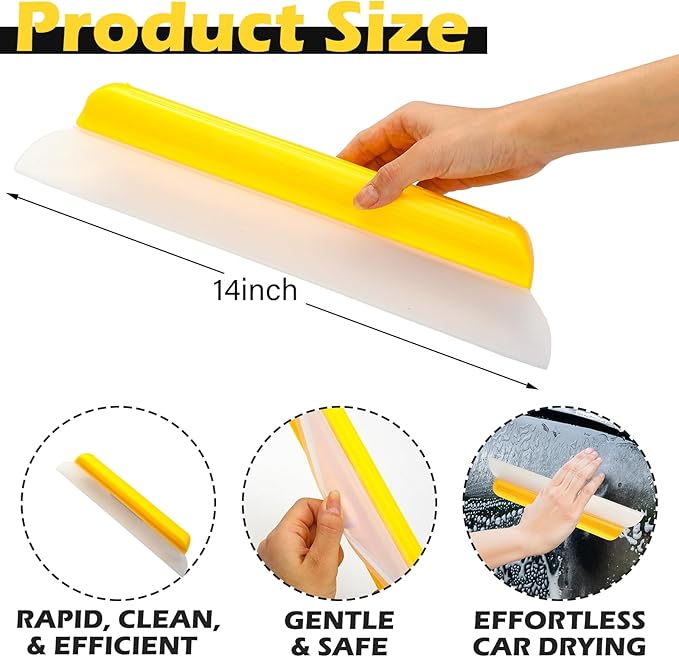 2 Pack 14 Inch Car Drying Squeegee Yellow Longer Silicone Water Squeegee Window Shower Blade Automotive Squeegees Flexible Auto T-bar Rubber Squeegees for Car Windshield Glass Bathroom Wash Tool