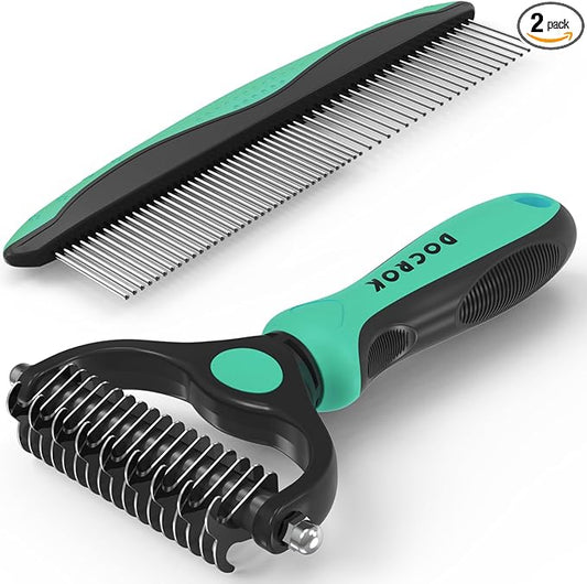 Docrok Pet Grooming Brush and Metal Comb Combo, Cat Brush Dog Brush for Shedding, Undercoat Rake for Dogs Grooming, Dematting Deshedding Brush Dogs Shedding Tool for Long matted Haired Pets, Green