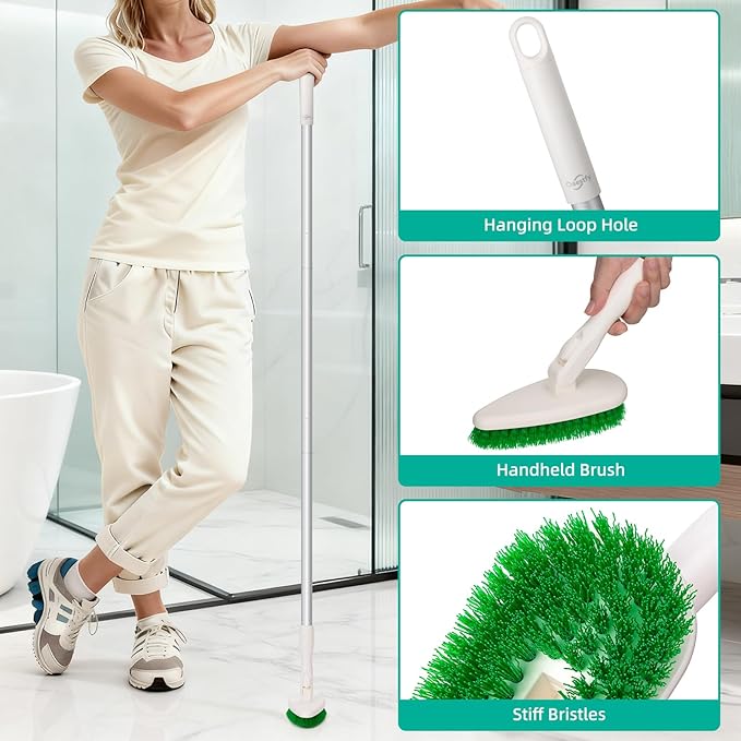 Qaestfy 4-in-1 Tub and Tile Shower Scrubber, 51'' Bathtub Cleaning Brush with Long Handle, Soft & Stiff Bristles Bathroom Scrub Brush, Non-Scratch Shower Cleaner Brush for Cleaning