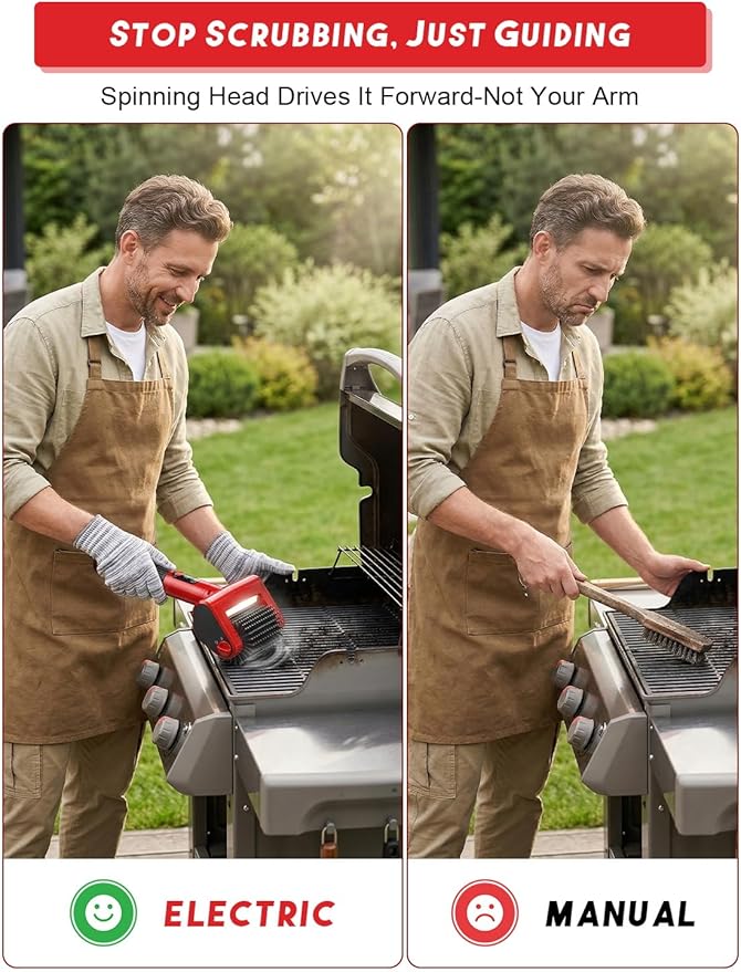 800 RPM Electric Grill Brush for Outdoor, 2-Speed High Power BBQ Cleaning Tool, 4000mAh Cordless Scrubber with LED Light, Non-Shedding Brush & 2 Scouring Pads for Gas/Charcoal/Weber Grates