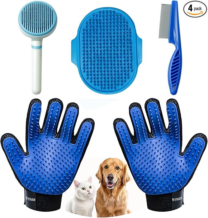 NVNAN 5 Piece Dog Grooming Brush Set with Grooming Gloves, Deshedding Comb & Massage Bath Brush | Dog Shampoo Brush - Multifunctional Pet Hair Removal Tools for Shedding, Bathing, Brushing (Blue)