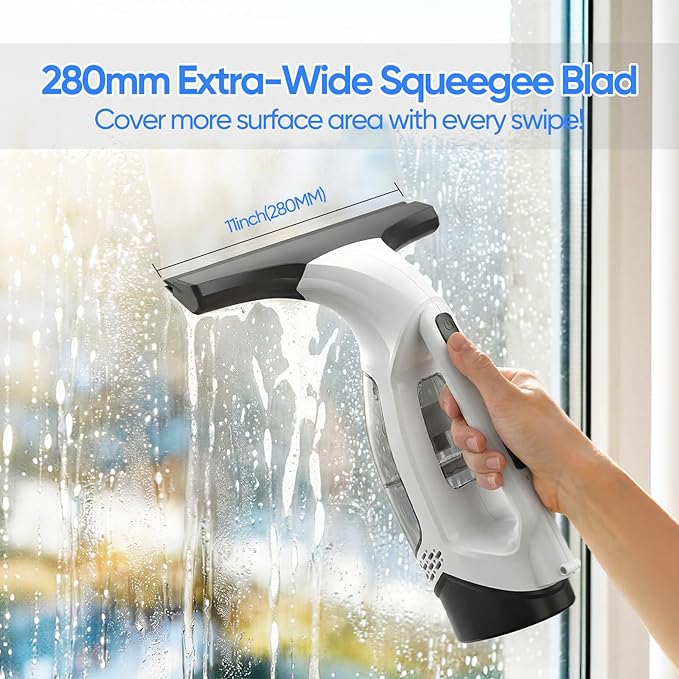 Window Vacuum Squeegee Cordless, Window Vacuum Cleaner with 2000Pa Streak-Free Suction, 30–40" Extension Pole, 11-Inch Cleaner Tool for High Windows, Shower Glass, Tiles & Mirrors