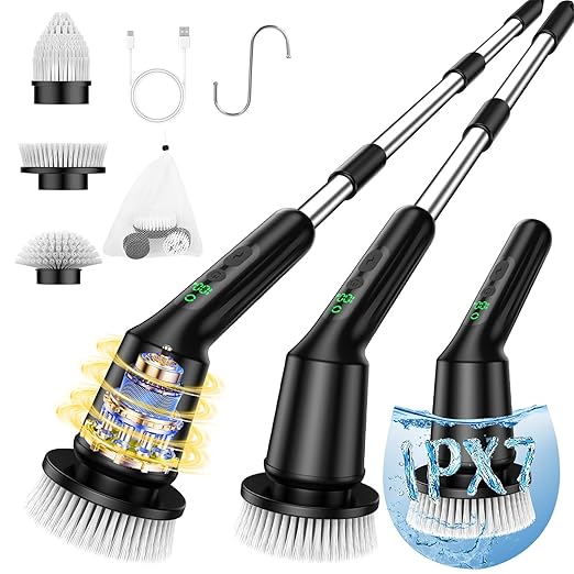 Electric Spin Scrubber for Cleaning Bathroom, Shower Scrubber Rotary Floor Brushes with IPX7 Waterproof & 2 Speed, 3 Brush Heads, Bathroom Cleaning Supplies for Toilet Shower Tub Sooty