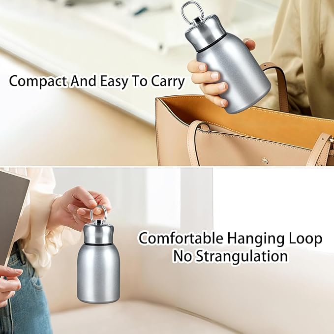 Mini Stainless Steel Thermal Bottle Small Vacuum Insulated Water Bottle, Portable Leakproof Sport Tumbler Cup Hot and Cold Travel Mug 10 oz (Silver)
