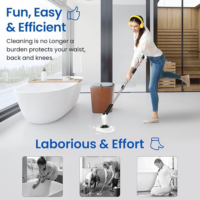 Jorking Electric Spin Scrubber, Cordless Power Scrubber Up to 420RPM Powerful Cleaning, Shower Scrubber for Cleaning Bathtub, Tile and Floor with 8 Types of Replaceable Brush Heads, Voice Broadcast