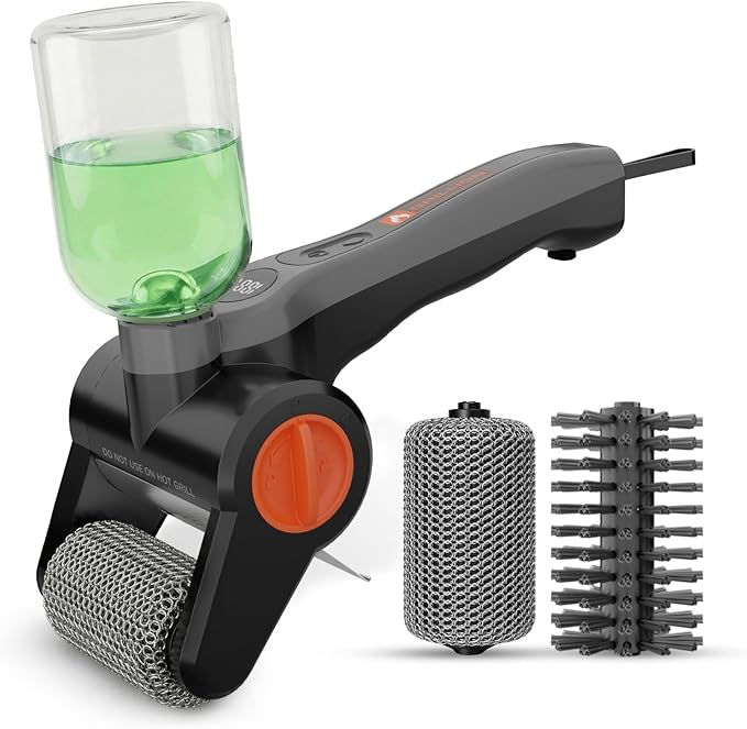 Electric Grill Brush Cordless Rechargeable with Soap Dispenser, Automatic Outdoor BBQ Electric Grill Cleaner Brush Including Interchangeable Stainless Steel Wire & Bristle Free Chain Brush