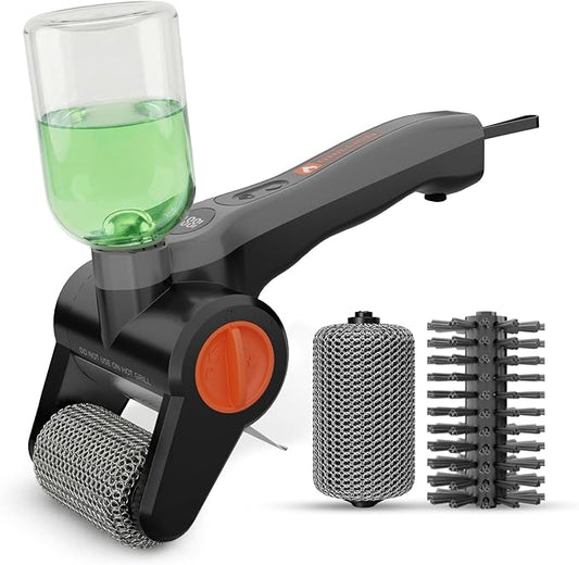 Electric Grill Brush Cordless Rechargeable with Soap Dispenser, Automatic Outdoor BBQ Electric Grill Cleaner Brush Including Interchangeable Stainless Steel Wire & Bristle Free Chain Brush