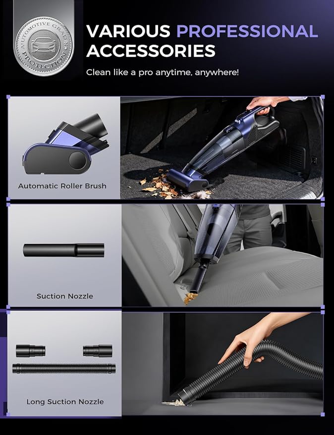MAGIC JOHN Pet Hair Handheld Vacuum Cordless, 20000PA High Power Car Vacuum with Motorized Brush and LED Light, Rechargeable Hand Held Vacuum Cleaner with Reusable Filter for Car, Home, Office & Pet