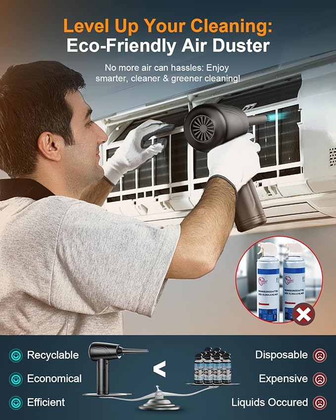 11-in-1 Compressed Air Duster 3-Speed Adjustable 120000 RPM with LED Light, Reusable no Canned Keyboard Cleaner for Office, 9000mAh Cordless Air Duster for Computer/Car/Home (Black)