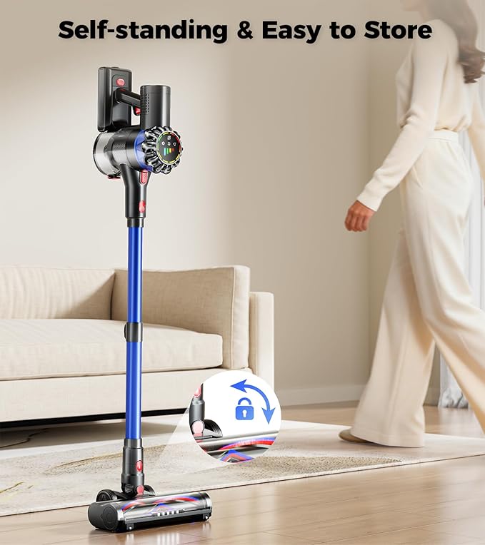 Cordless Vacuum Cleaner, 550W 45Kpa 65Mins Stick Vacuum with Self-Standing, Touch Screen, Anti-Tangle Rechargeable Wireless Vacuum, Vacuum Cleaners for Home/Pet Hair/Carpets/Hardwood Floor