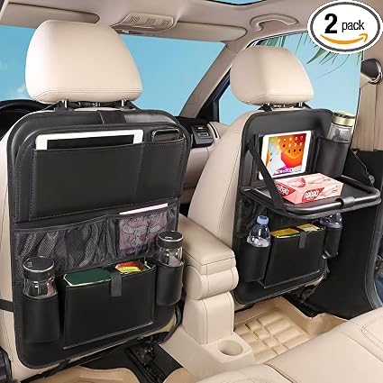 2PACK Leather Car Backseat Organizer with Tablet Holder - 9 Large Storage Pockets, Foldable Food Tray & Anti-Scratch Kic