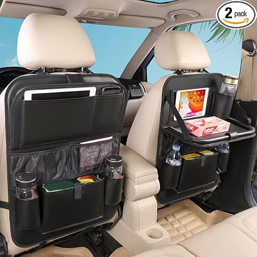 2PACK Leather Car Backseat Organizer with Tablet Holder - 9 Large Storage Pockets, Foldable Food Tray & Anti-Scratch Kic