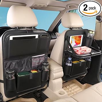 2PACK Leather Car Backseat Organizer with Tablet Holder - 9 Large Storage Pockets, Foldable Food Tray & Anti-Scratch Kic