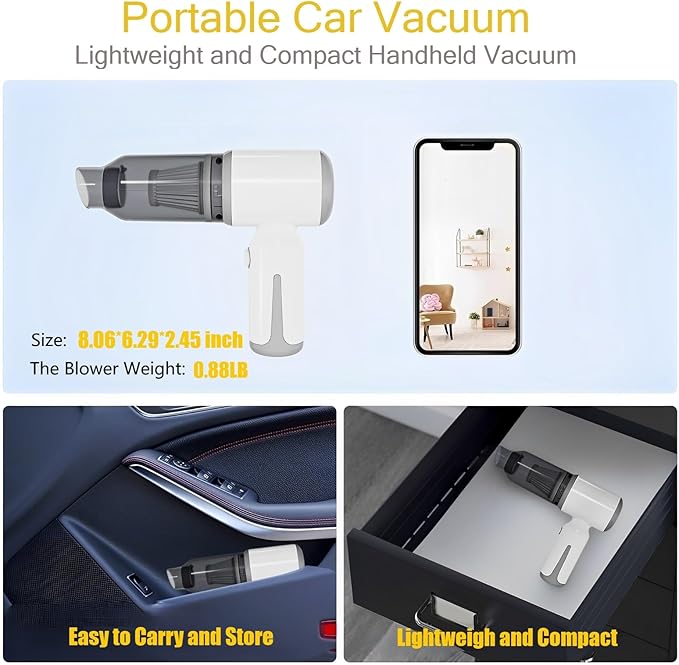 Mini Cordless Car Vacuum, Small Wireless Handheld Vacuum Cleaner 9000PA High Power Suction, Portable 3 in 1 Little Vacuum &Air Blower & Pump for Small Space at Home&Office
