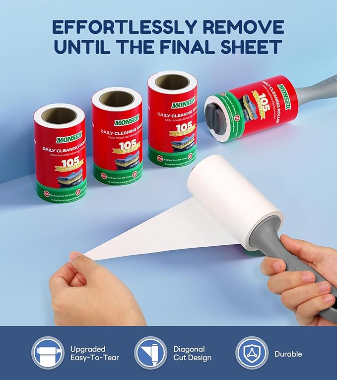 MONSEK 4X Extra Sticky Lint Roller for Pet Hair, Lint Rollers 315 Sheets Mega Value Set, Pet Hair Remover with 3 Upgraded Handle 3 Rollers, Portable Lint Remover for Clothes, Furniture, Dog & Cat Hair