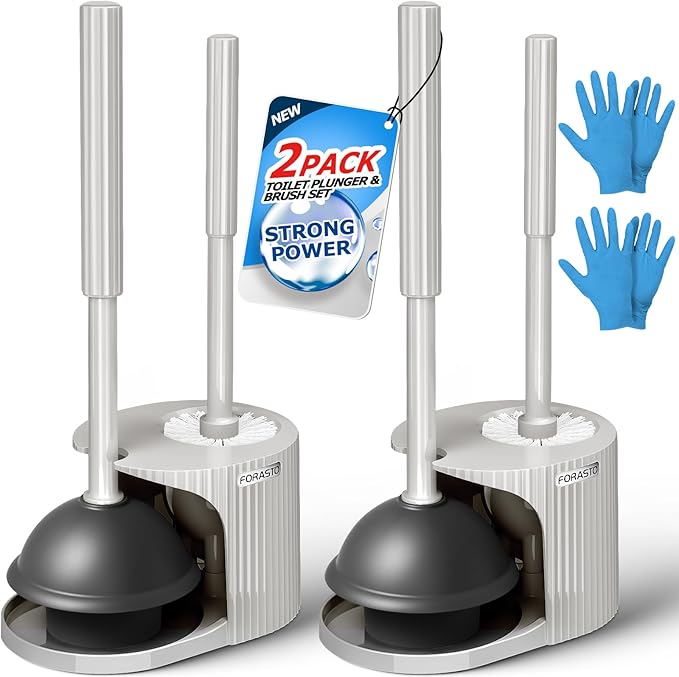 FORASTO 2Pack 2 in 1 Toilet Brush and Plunger Set, Extended Handle Plunger，Toilet Bowl Brush Plunger Set,Bathroom Cleaning Tools ，Toilet Brush Plunger Combo，Cleaning Supplies（Cream Grey）