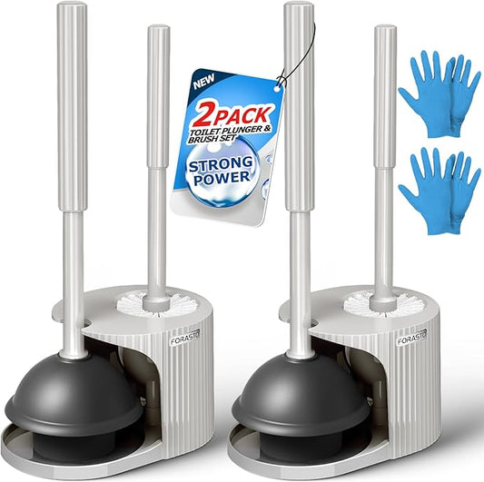 FORASTO 2Pack 2 in 1 Toilet Brush and Plunger Set, Extended Handle Plunger，Toilet Bowl Brush Plunger Set,Bathroom Cleaning Tools ，Toilet Brush Plunger Combo，Cleaning Supplies（Cream Grey）