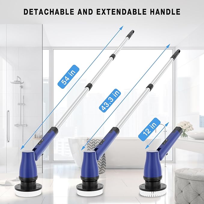 KEROMEE Electric Spin Scrubber Cordless Bathroom Scrubber with Adjustable Long Handle, 2 Speeds Power Cleaning Brush with 7 Replaceable Brush Heads for Bathtub, Tile, Floor (Blue)