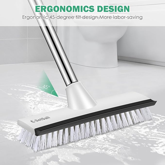 SetSail Floor Scrub Brush with 51-Inch Long Adjustable Handle 2 in 1 Scrape Brush Stiff Bristle Floor Scrubber for Cleaning Shower Bathroom Garage Kitchen Wall Deck Tub Tile,Black White