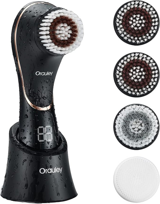 Facial Cleansing Brush, Electric Face Scrubber Rechargeable Exfoliator IPX-7 Waterproof Rotating Cleanser for Exfoliating, Massaging and Deep Cleansing for Women & Men with 4 Brush Heads Black