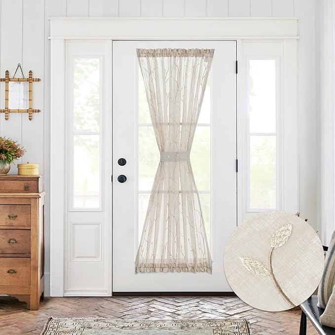 jinchan Sheer Door Curtain 72 Inches Floral Embroidered Semi-Sheer Embroidery Voile Floral French Door Curtain Light Filtering Drape Rod Pocket 1 Panel Beige
